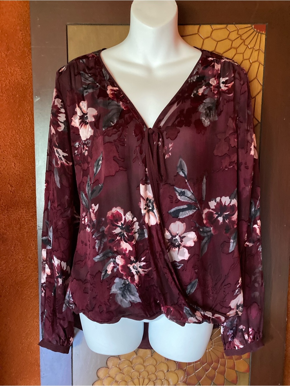 White House Black Market Burgundy Floral Wrap Blouse